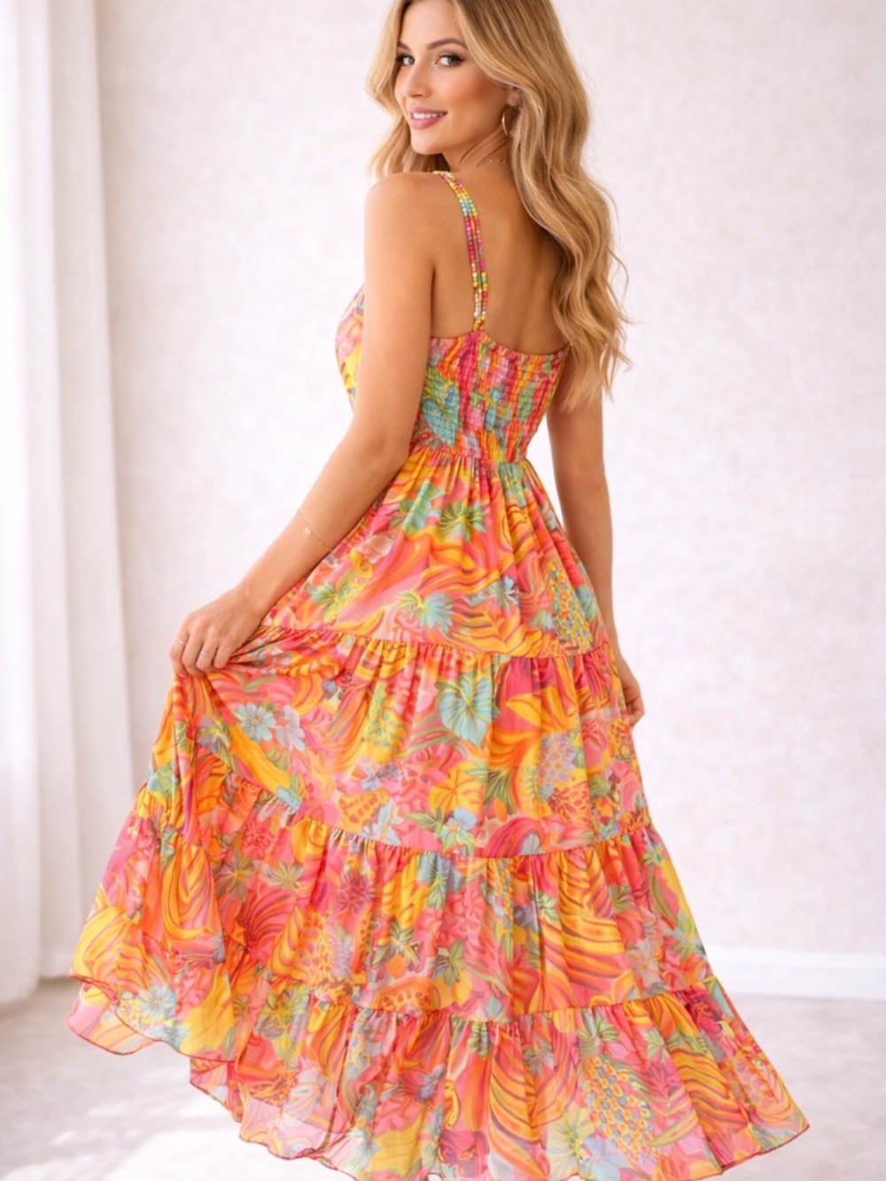 Farm Rio Tropical Fruit Tiered Midi Dress Beaded Straps Resort S - Picture 2 of 10
